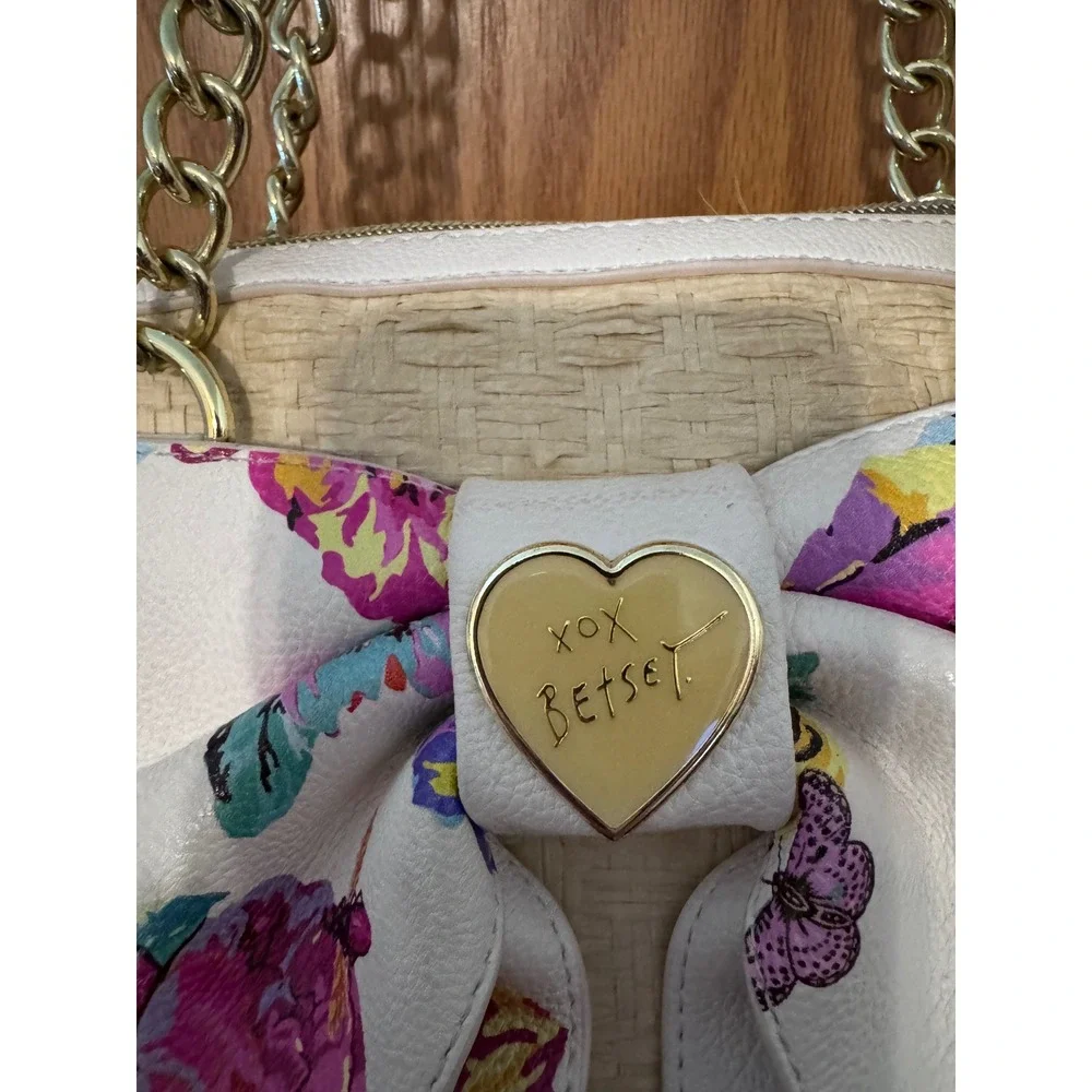 Betsey Johnson XOX Betsey Straw Satchel Floral Bow Handbag Gold Chain Handles